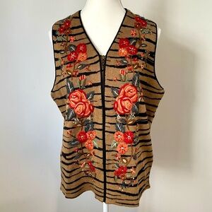 Vintage Alfred Dunner Floral Embroidered Vest Zebra Printed Zip Up Size Small
